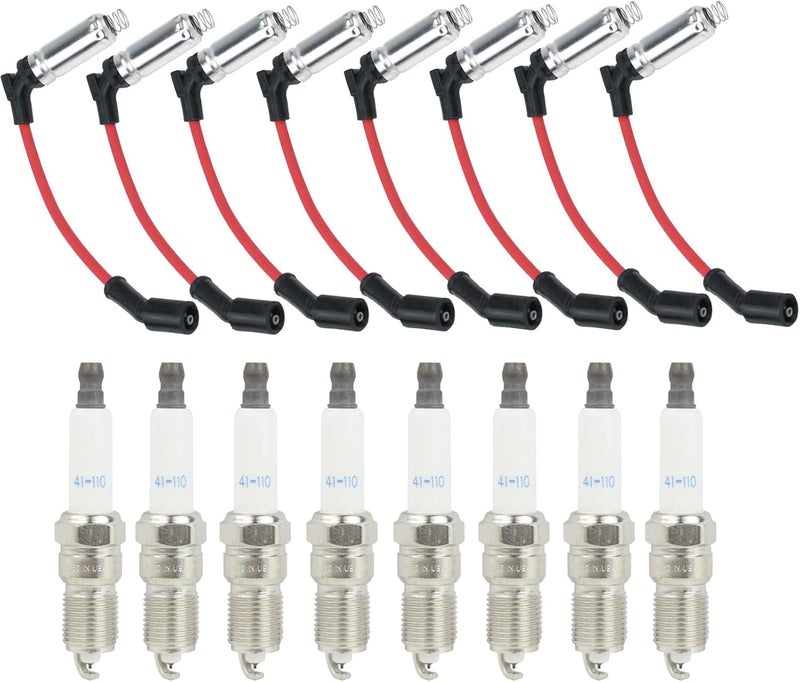 MANUTEX 41-110 Iridium Spark Plugs & M8-48322 Spark Plug Wires for 5.3 6.0L 6.2L Chev-y GM-C Silve-rado Subu-rban Avalan-che Cadi-llac Escal-ade Yu-kon Sierra V8 LS Truck Red (Pack of 8) - Image 1